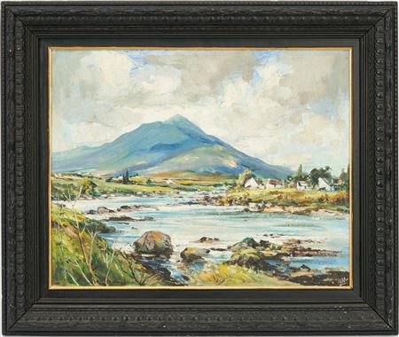 Mountain Croagh Patrick (The Holy Mountain) in County Mayo, with a body of water and and small village foreground