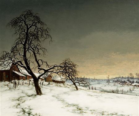 A winter landscape with a farm