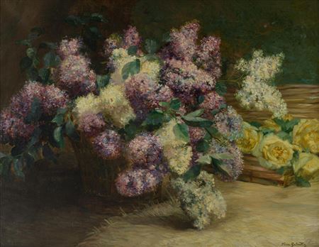 Flower still life with purple and white lilacs, and yellow roses