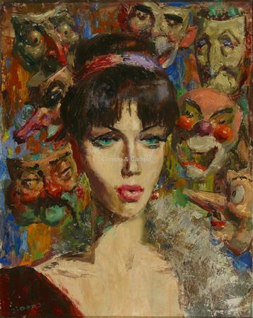 Woman portrait with clown masks by Frans Siaens - Auction record, sale price, and art valuation. Compare with similar artists and explore comparable artworks.