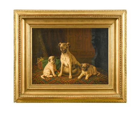 A Pug and her pups by Minna Stocks - Auction record, sale price, and art valuation. Compare with similar artists and explore comparable artworks.