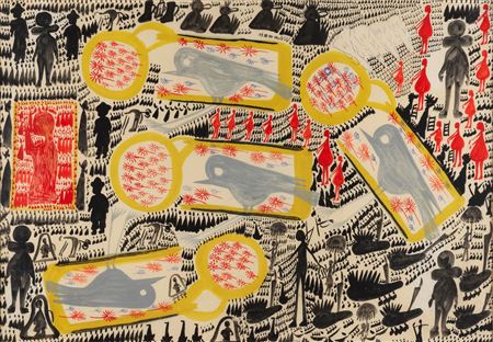 QUATTRO UCCELLI GRIGI ENTRO FORME GIALLE, circa 1962 by Carlo Zinelli - Auction record, sale price, and art valuation. Compare with similar artists and explore comparable artworks.
