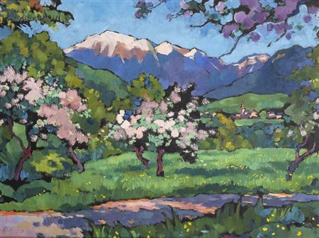 Paysage de montagne, aux arbres en fleurs