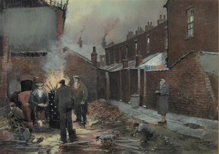 Back alley scene with figures around a fire