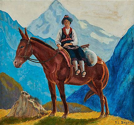 Peasant woman from Val d'Hérens and mule in front of the Dent Blanche