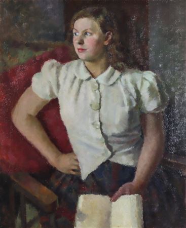 Half-length portrait of Sonya Redway wearing off-white blouse, seated in an armchair holding a book