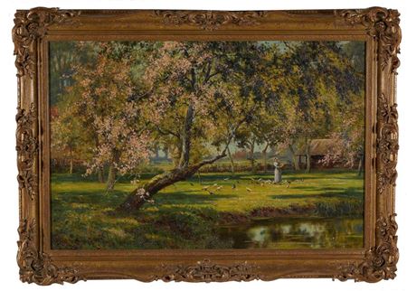 SPRING LANDSCAPE WITH FIGURE FEEDING BIRDS