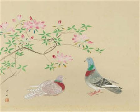 Two doves with azalea