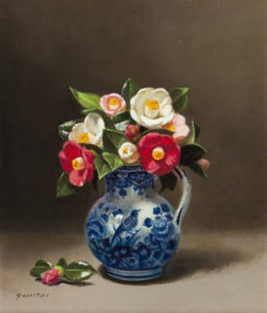 Camellia in delftware vase