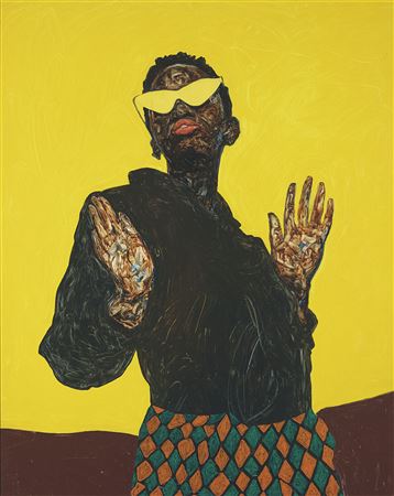 Sample artwork by Amoako Boafo (Born 1984), known for expressive, large-scale black-face portrait painting, emotional expression - View similar artists and auction records