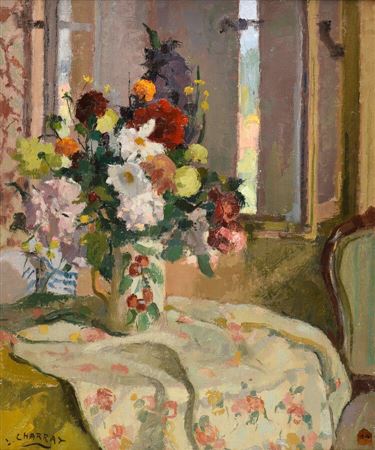 Bouquet on a tablecloth.