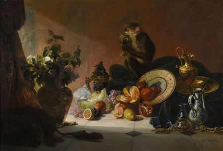 Drinking monkey surrounded by flowers and fruits