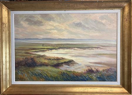 Shepherd and his flock by the sea