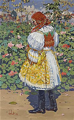 Dívka v kroji v zahrade (Girl in Traditional Dress in a Garden)