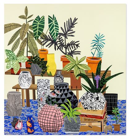 Sample artwork by Jonas Wood (Born 1977), known for stylized botanicals, figure, still life and structure paintings - View similar artists and auction records