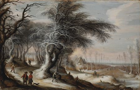 A winter landscape with villagers on a path