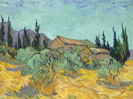 Cabanes de bois parmi les oliviers et cyprès