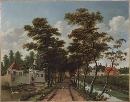 An avenue between two canals outside a village, with a horseman and a dog, a youth in a skiff and a man by the gatehouse nearby