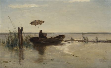 A painter, possibly the artist W.B. Tholen, at work in a punter on a sunny day
