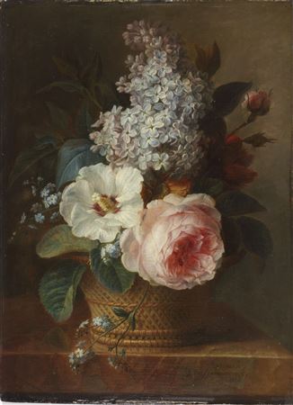 Pink roses, a Rose Mallow, Lilac, Marigold and Forget-me-nots in a wicker basket on a marble ledge