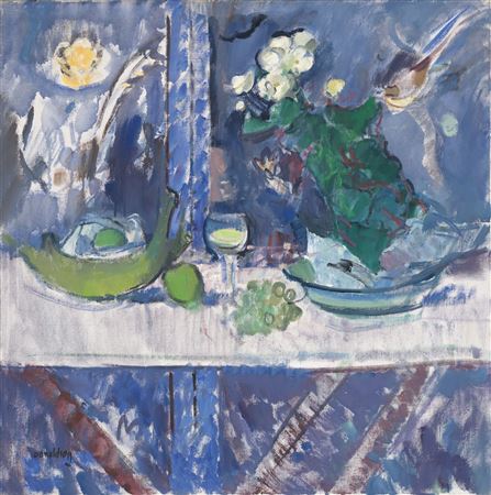 Fruit and Flowers on a Draped Table