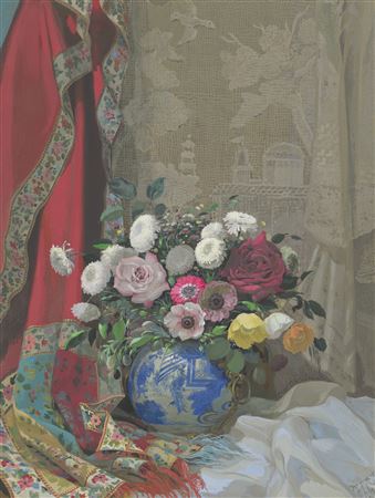 Still life with roses, anemones and chrysanthemums in a Chinese vase