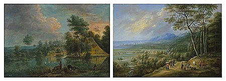 An extensive coastal landscape; and A river landscape with travellers (2)