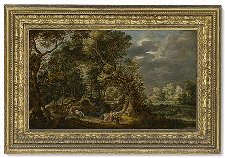 A wooded river landscape