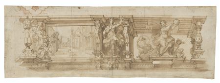 Design for a decorative frieze with the emblem of Pope Sixtus V, and allegorical figures including Astronomy, flanked by putti (recto); An architectural study (verso)
