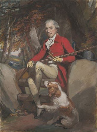 Portrait of Jonas Langford Brooke (c.1758-1784), small full-length, in red coat, with a spaniel