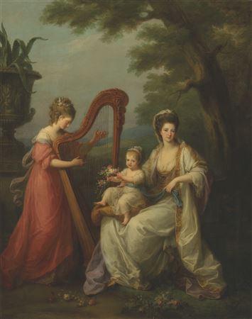 Group portrait of Lady Elizabeth Smith-Stanley, Countess of Derby (1753-1797), with her infant son Edward, later 13th Earl of Derby (1775-1851), and her half-sister, Lady Augusta Campbell (1760-1831) playing the harp by Angelica (Maria Anna) Kauffmann - Auction record, sale price, and art valuation. Compare with similar artists and explore comparable artworks.