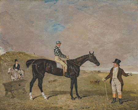 'Bravura', an iron-grey filly, with James Robinson up, with her owner Sir Robert Keith Dick, Bt., her trainer mounted on a grey pony to the left, on Newmarket Heath