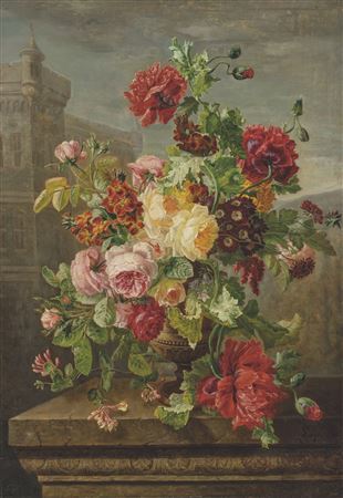 Roses, Poppies, Honeysuckle and Polyanthus, in a urn on a stone ledge