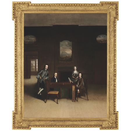 Conversation piece with figures gathered around a harpsichord