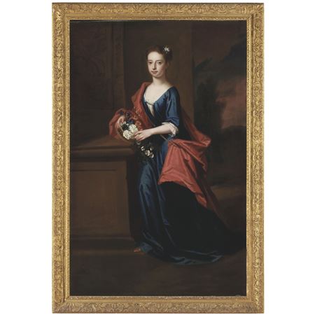 Portrait of Mary Bellings (1716-1769), wife of Henry, 7th Lord Arundell of Wardour, as a child, full-length, in a blue dress and red wrap holding some flowers