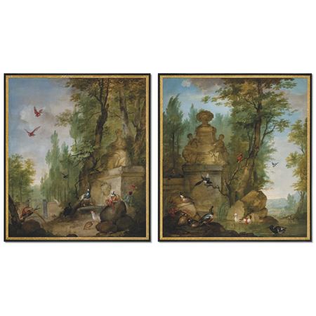 A pair of ornamental landscapes with birds (a pair)