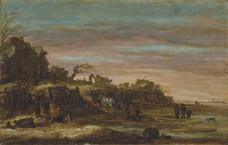 A dune landscape at sunset with figures by a cottage