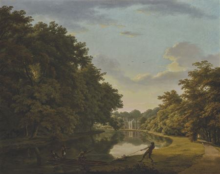 The River Clodiagh at Charleville Forest, Co. Offaly, with the castellated farm buildings and gothic dairy in the distance