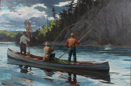 Jimmy's Pool on the Restigouche, Playing a Salmon - New Brunswick by Ogden Minton Pleissner - Auction record, sale price, and art valuation. Compare with similar artists and explore comparable artworks.