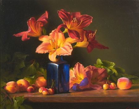 Apricots, Lilies and Blue by Cary Ennis - Auction record, sale price, and art valuation. Compare with similar artists and explore comparable artworks.