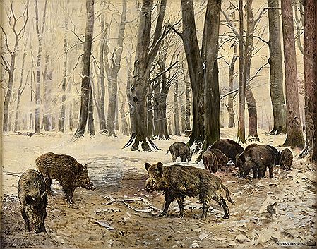 Wild boars in the winter forest by Ludwig Fromme - Auction record, sale price, and art valuation. Compare with similar artists and explore comparable artworks.
