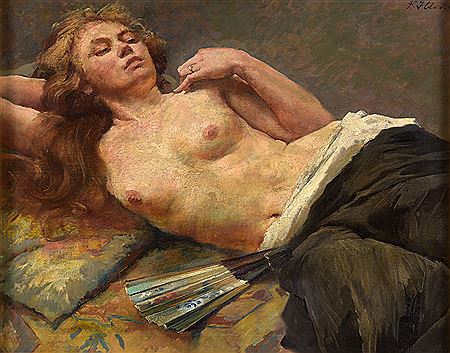 Reclining female nude with a fan