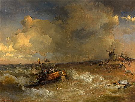 Stormy seas with a damaged fishing boat