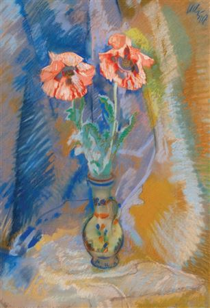 TWO POPPY FLOWERS IN A CERAMIC VASE
