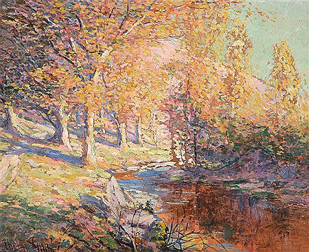 Wooded landscape with stream by Phelan Gibb - Auction record, sale price, and art valuation. Compare with similar artists and explore comparable artworks.