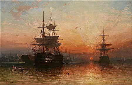 Wooden walls of England: Man o War anchored in an estuary at sunset