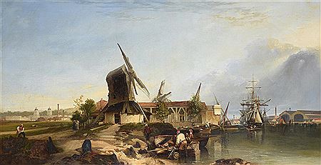 The Thames at Deptford with Greenwich to the left and a windmill and The Royal Naval College beyond