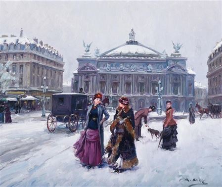FIGURES IN THE SNOW OUTSIDE THE PARIS OPERA HOUSE