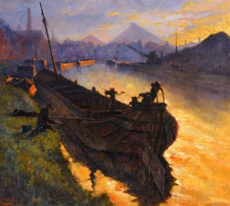 Sunset over an industrial landscape, possibly the Ruhr valley