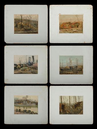 Ship Departing from Boulogne,' 1918; 'Taking on the Wounded Boulogne,' 1918; 'Light Railway, Hyde Park Corner,' 1917/8 (?); '[....] Canteen, Hyde Park Corner,' 1917; 'Cookhouse [....] Wood,' Jan 1918; & 'West of (?) Dressing Station,' 6th Jan 1918 (6)